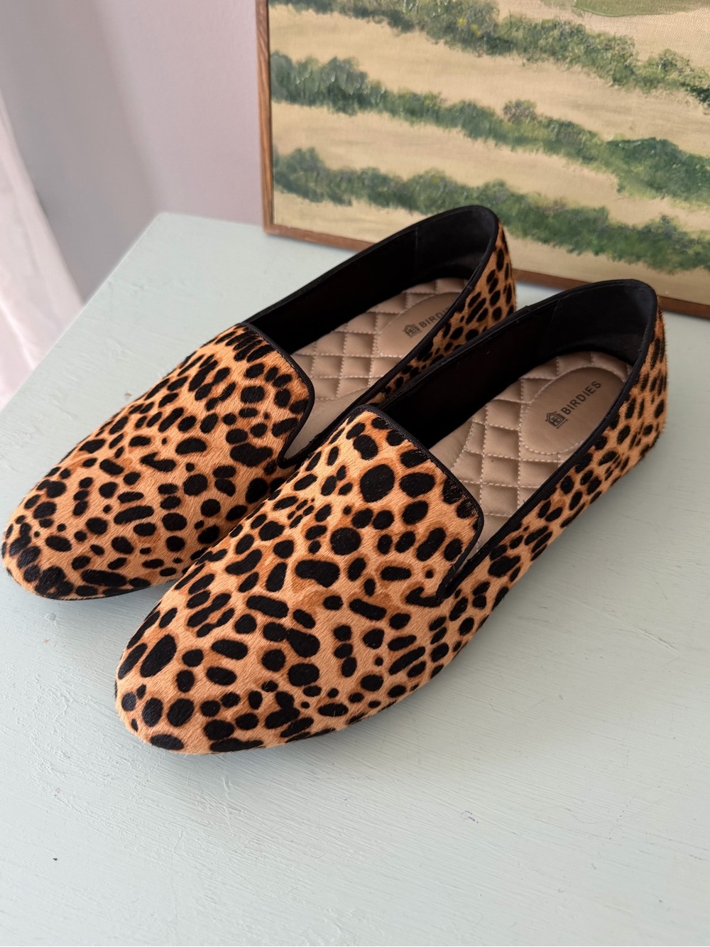Birdies Starling Leopard Print Calf Hair Loafers Driving Flats Sz 10